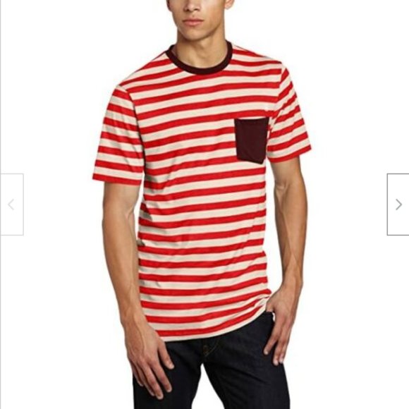 Volcom Men's Submission Red and Beige Striped Pocket T-shirt - Picture 1 of 5